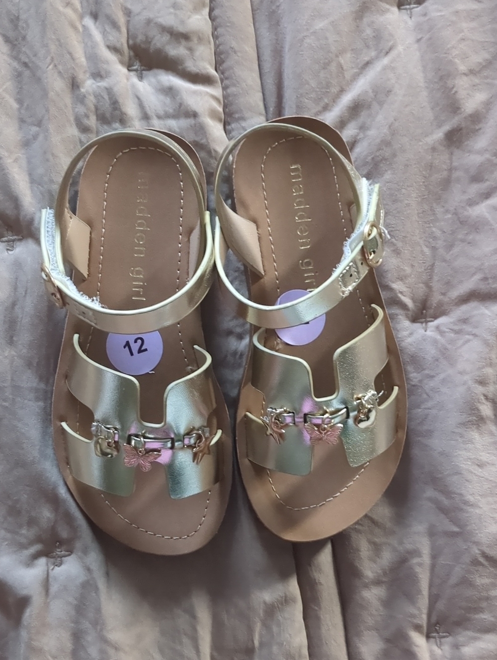 Brand New Madden Girl Gold Kids Sandals with Butterfly Charms - Size 12